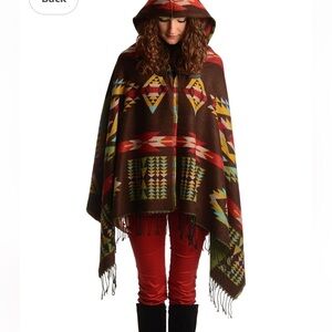 Brown woven Aztec with Hood Poncho (Wrap) Wool Blend One Size